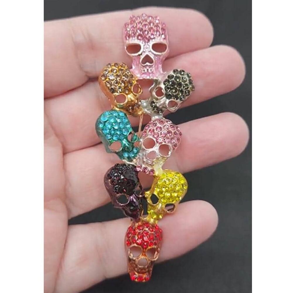 Colorful Skulls Rhinestone Brooch Whimsey Goth Halloween